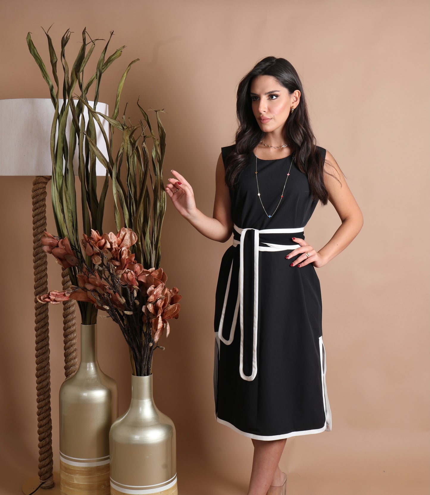 Midi Dress with Belt Work Party Formal
