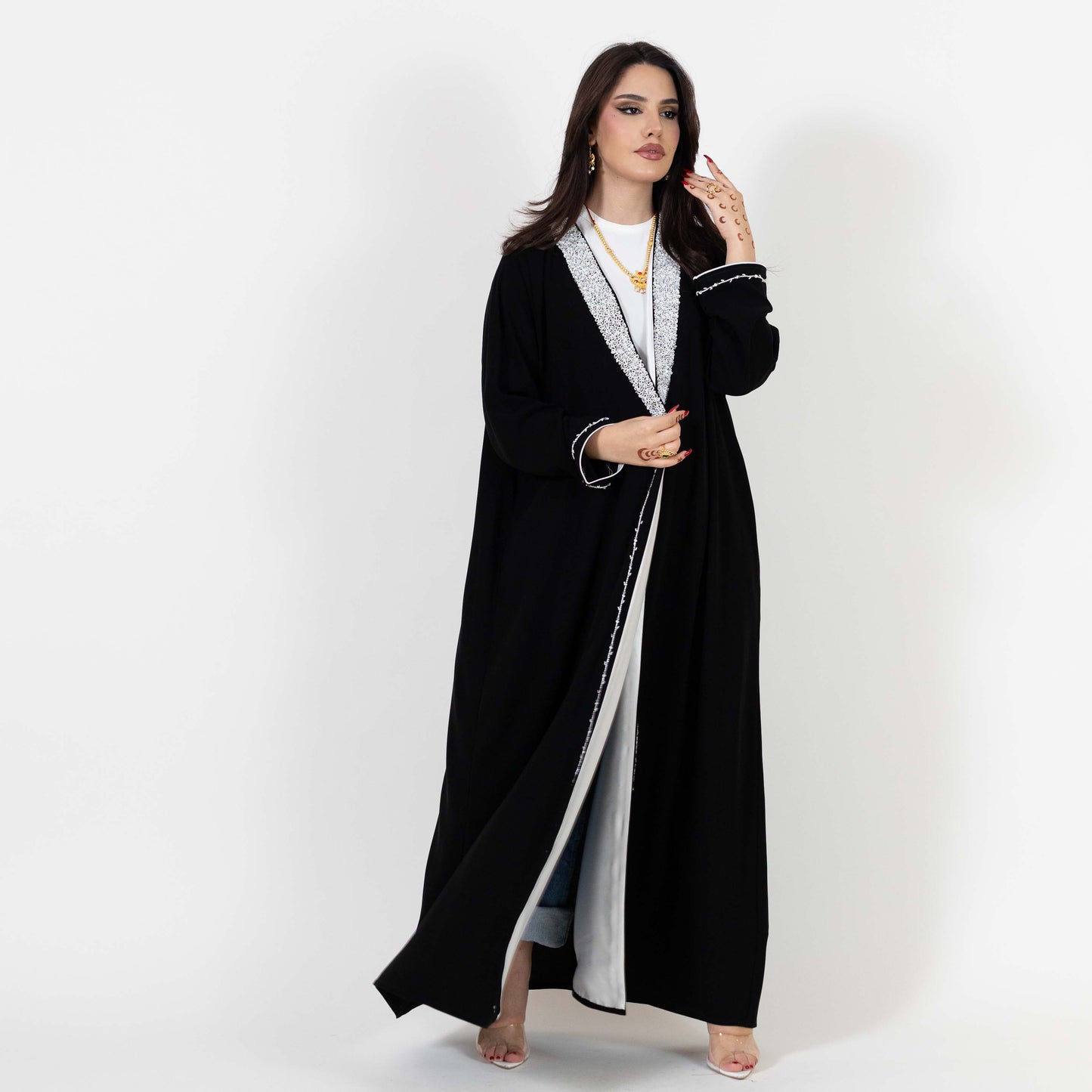 Black White Open Abaya