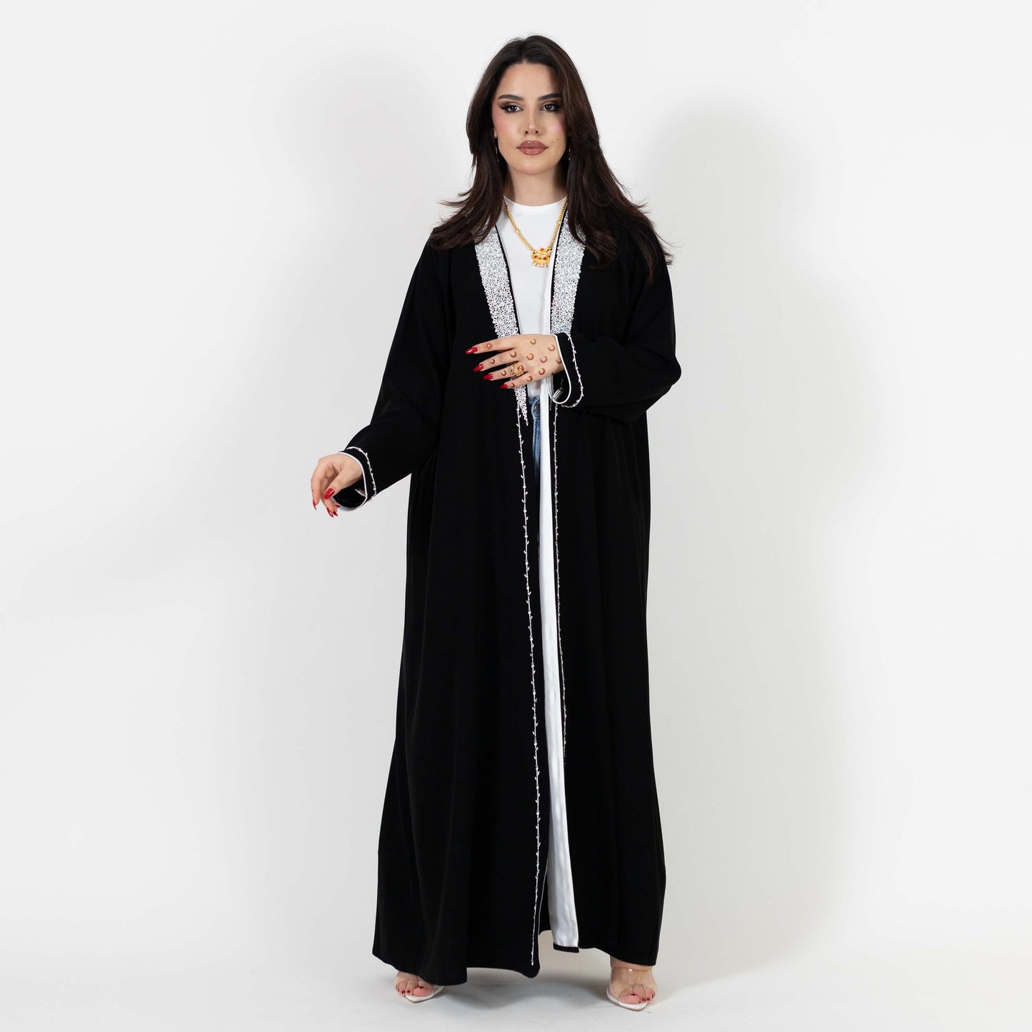 Black White Open Abaya