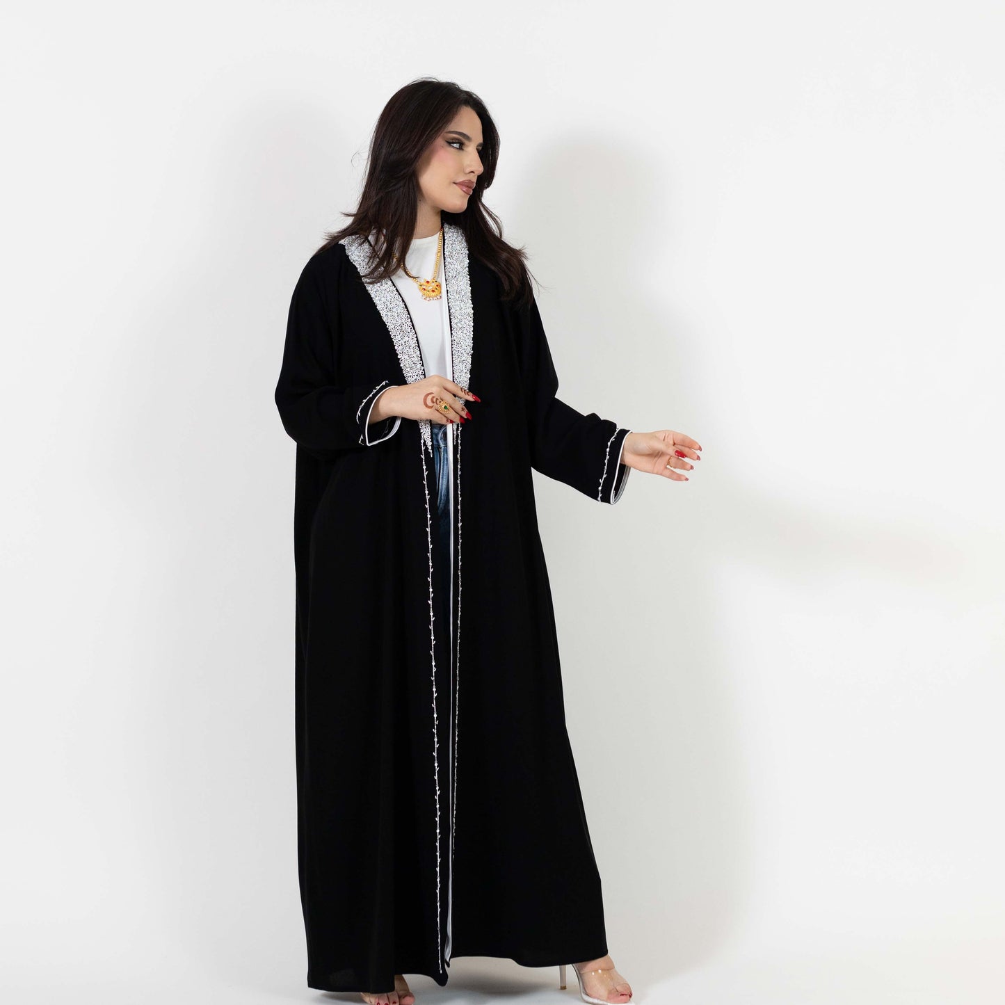 Black White Open Abaya