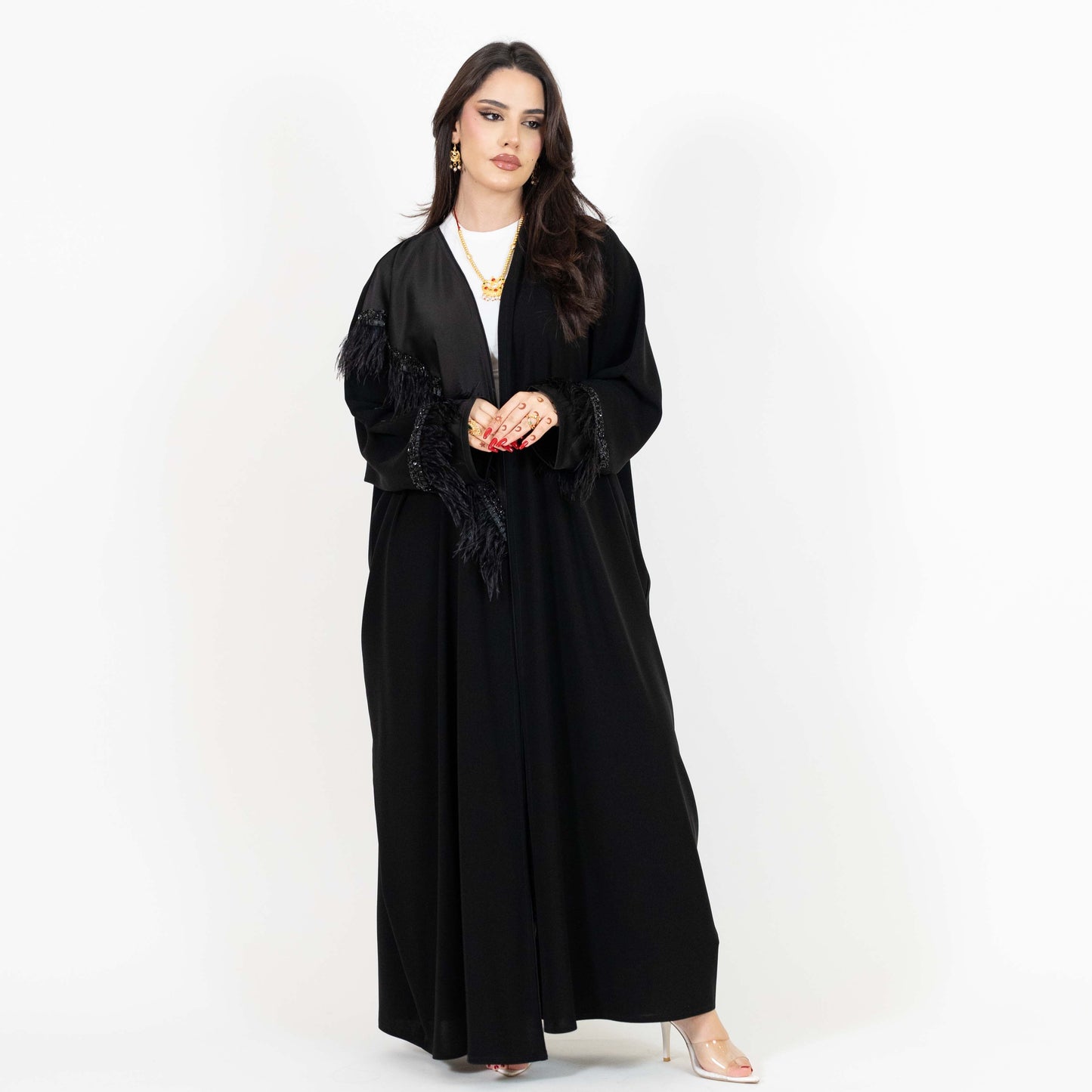 Black Abaya with Bead And Feather Detailing