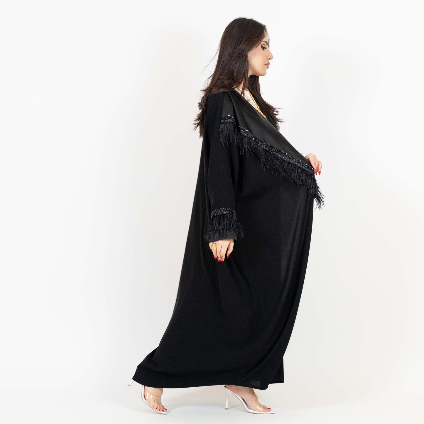 Black Abaya with Bead And Feather Detailing