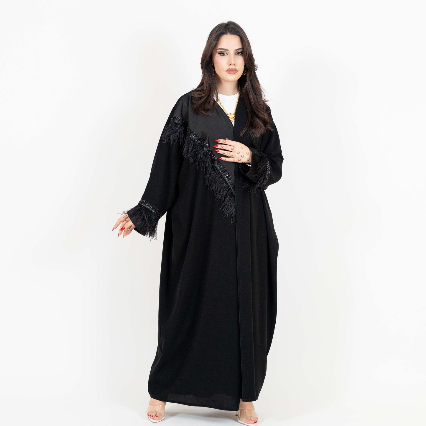 Black Abaya with Bead And Feather Detailing