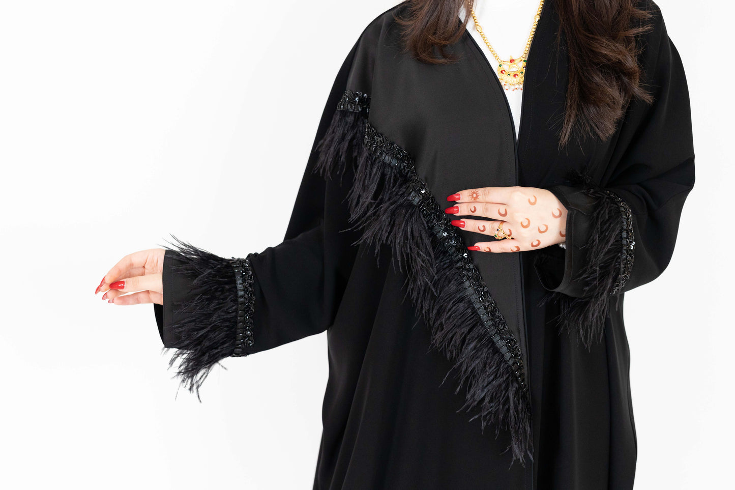 Black Abaya with Bead And Feather Detailing