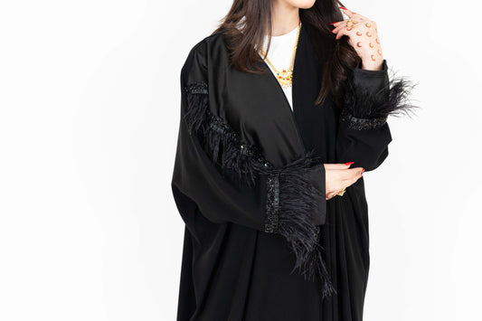 Black Abaya with Bead And Feather Detailing