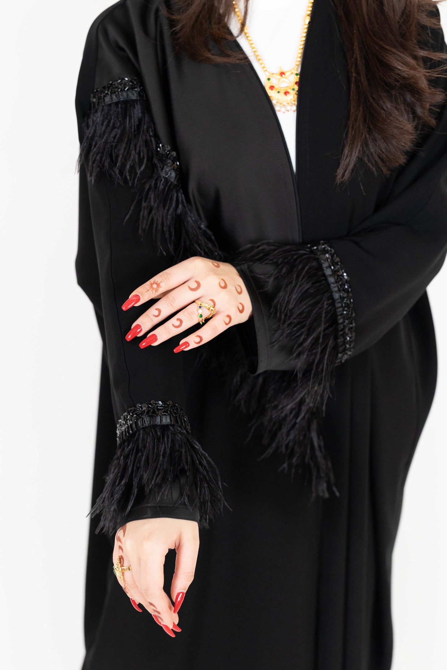 Black Abaya with Bead And Feather Detailing