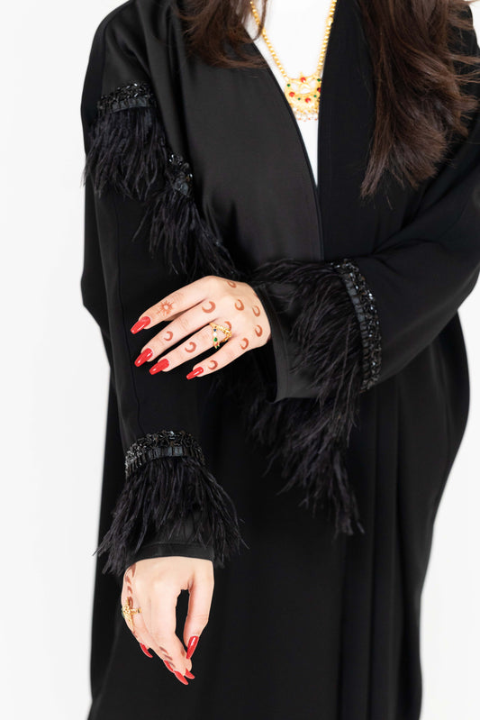 Black Abaya with Bead And Feather Detailing