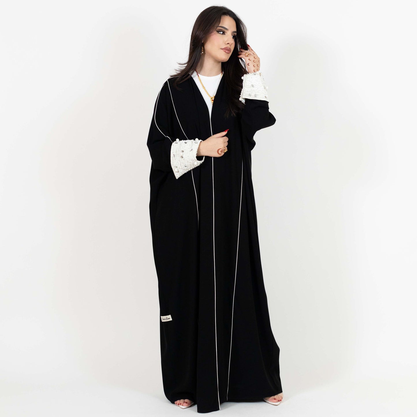 Black Abaya With Beaded White Cuff Design