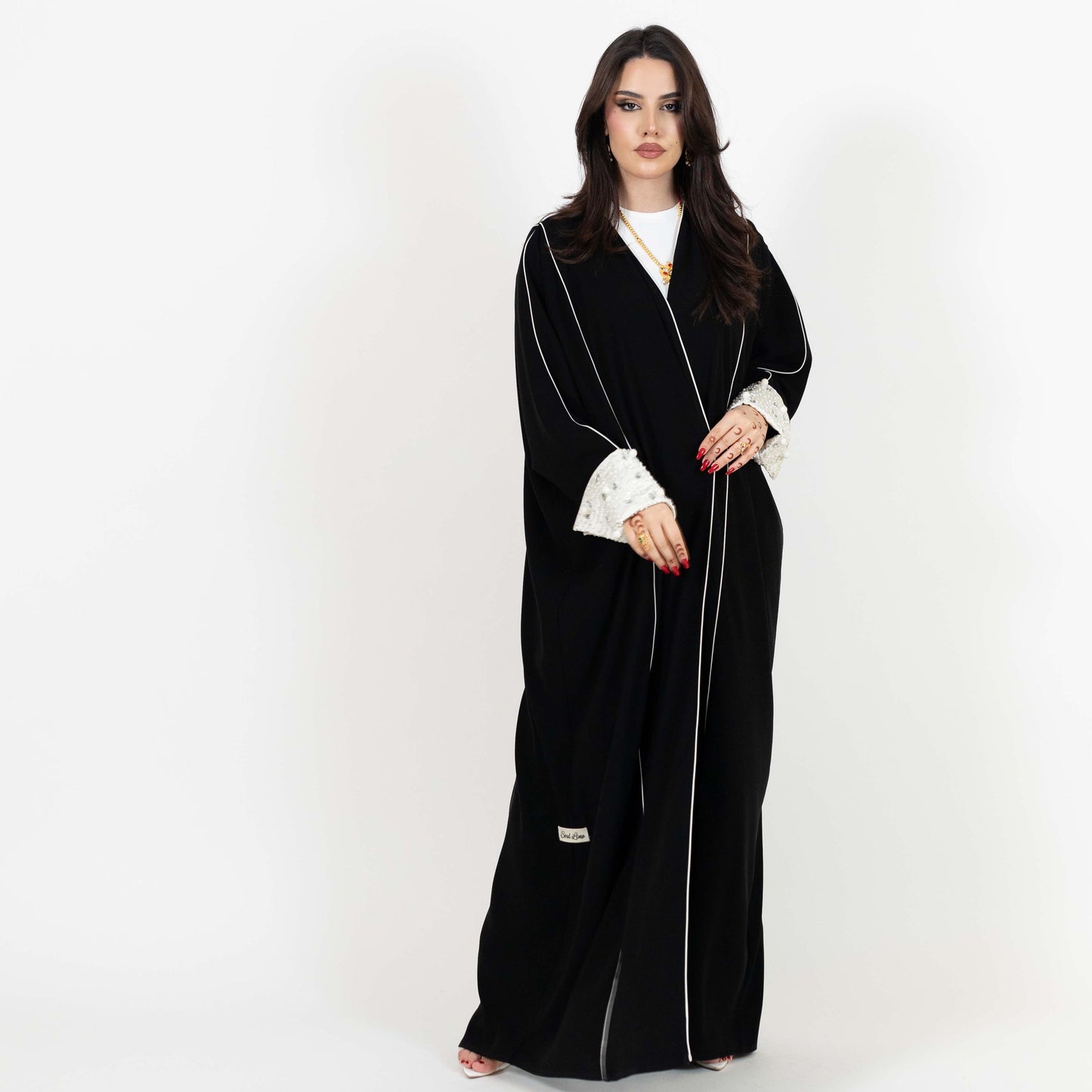 Black Abaya With Beaded White Cuff Design