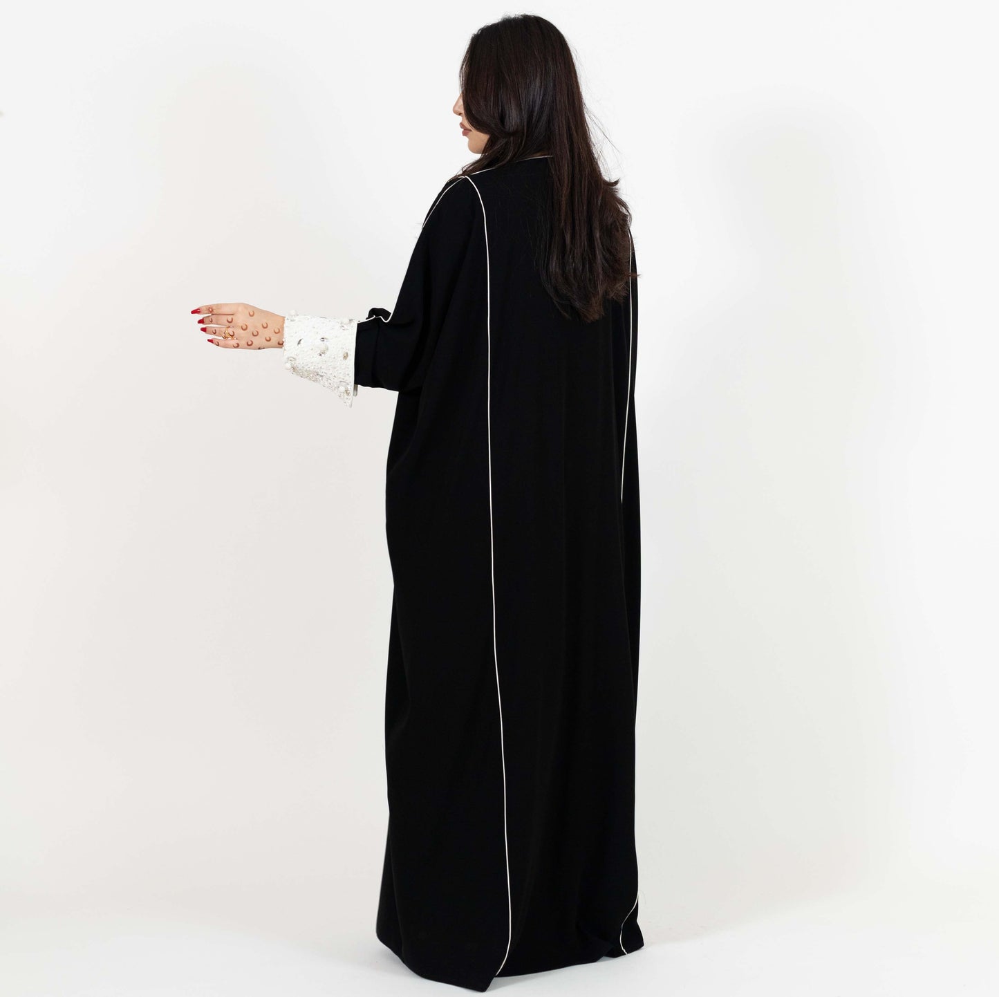 Black Abaya With Beaded White Cuff Design