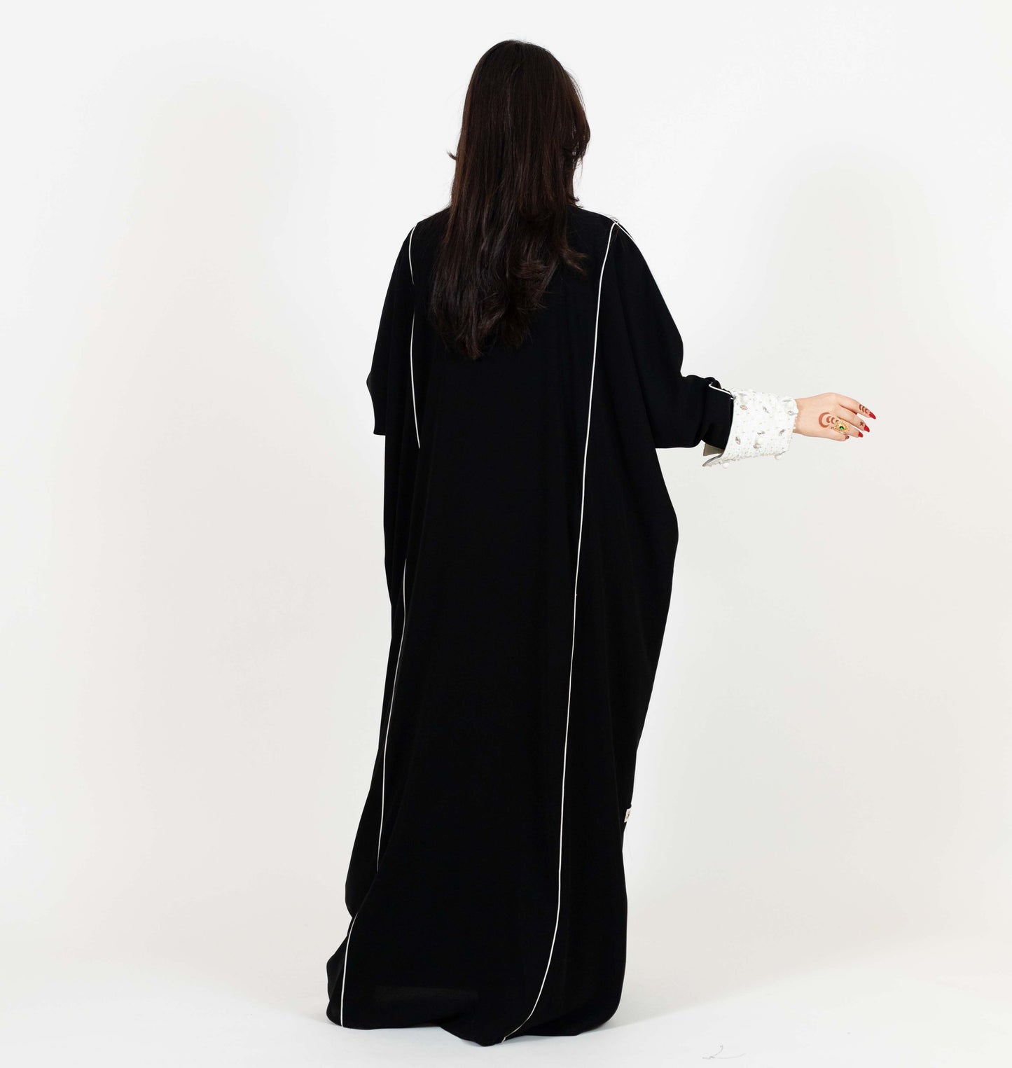 Black Abaya With Beaded White Cuff Design