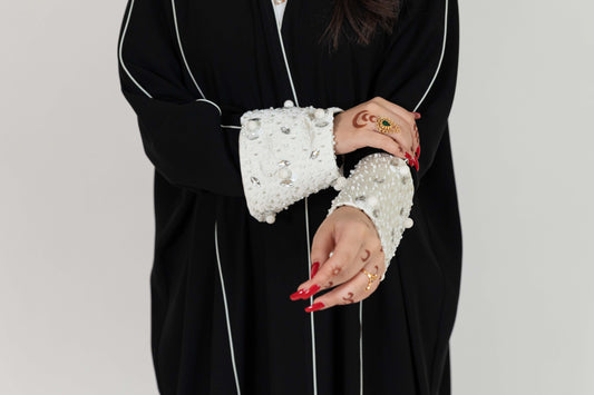 Black Abaya With Beaded White Cuff Design