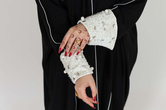 Black Abaya With Beaded White Cuff Design
