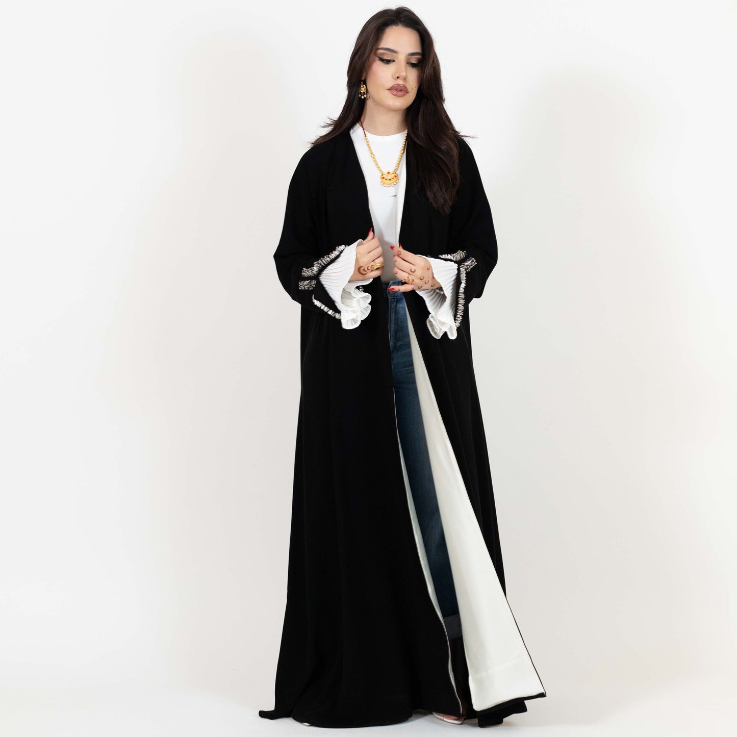 Black Open Abaya With Beaded Cuffs