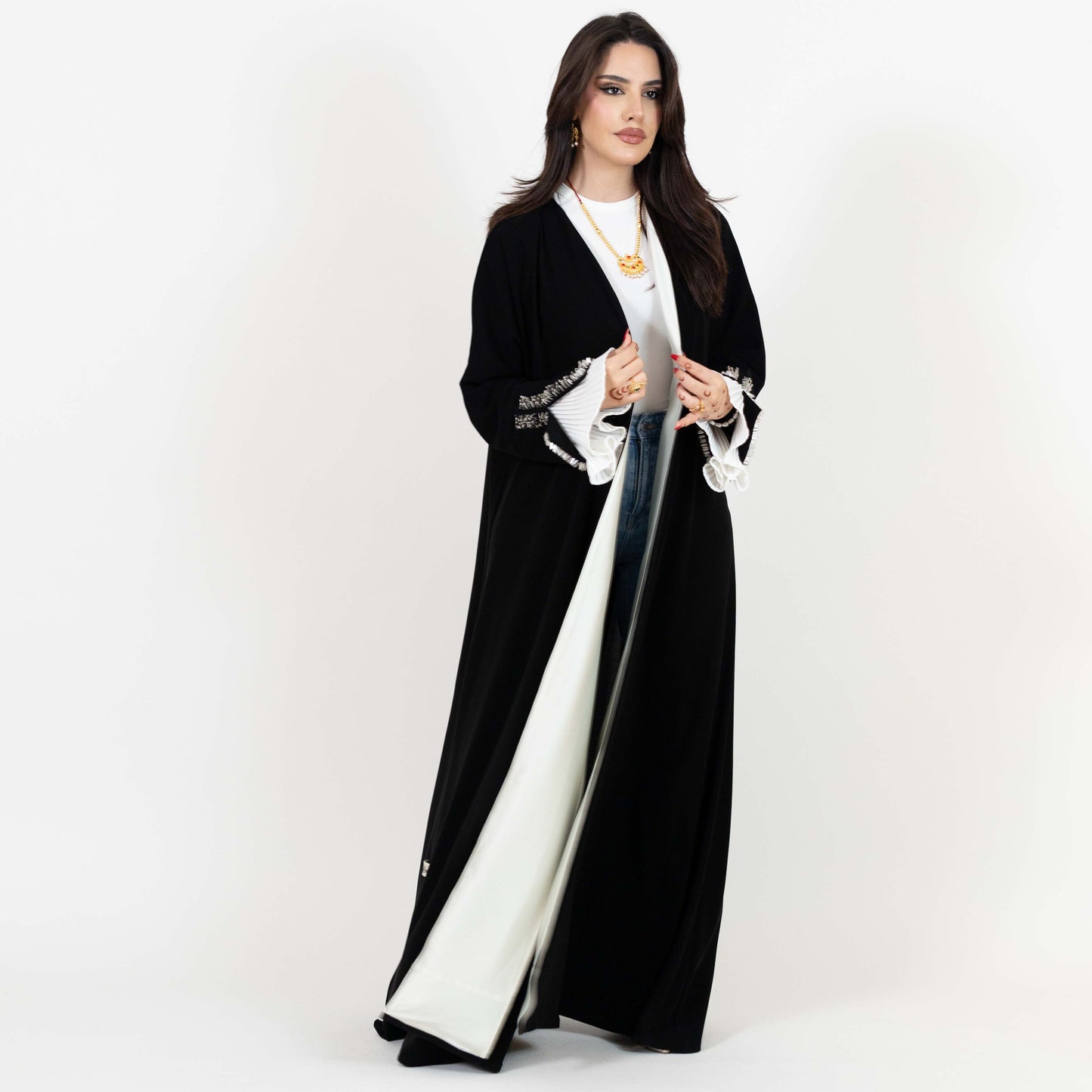 Black Open Abaya With Beaded Cuffs