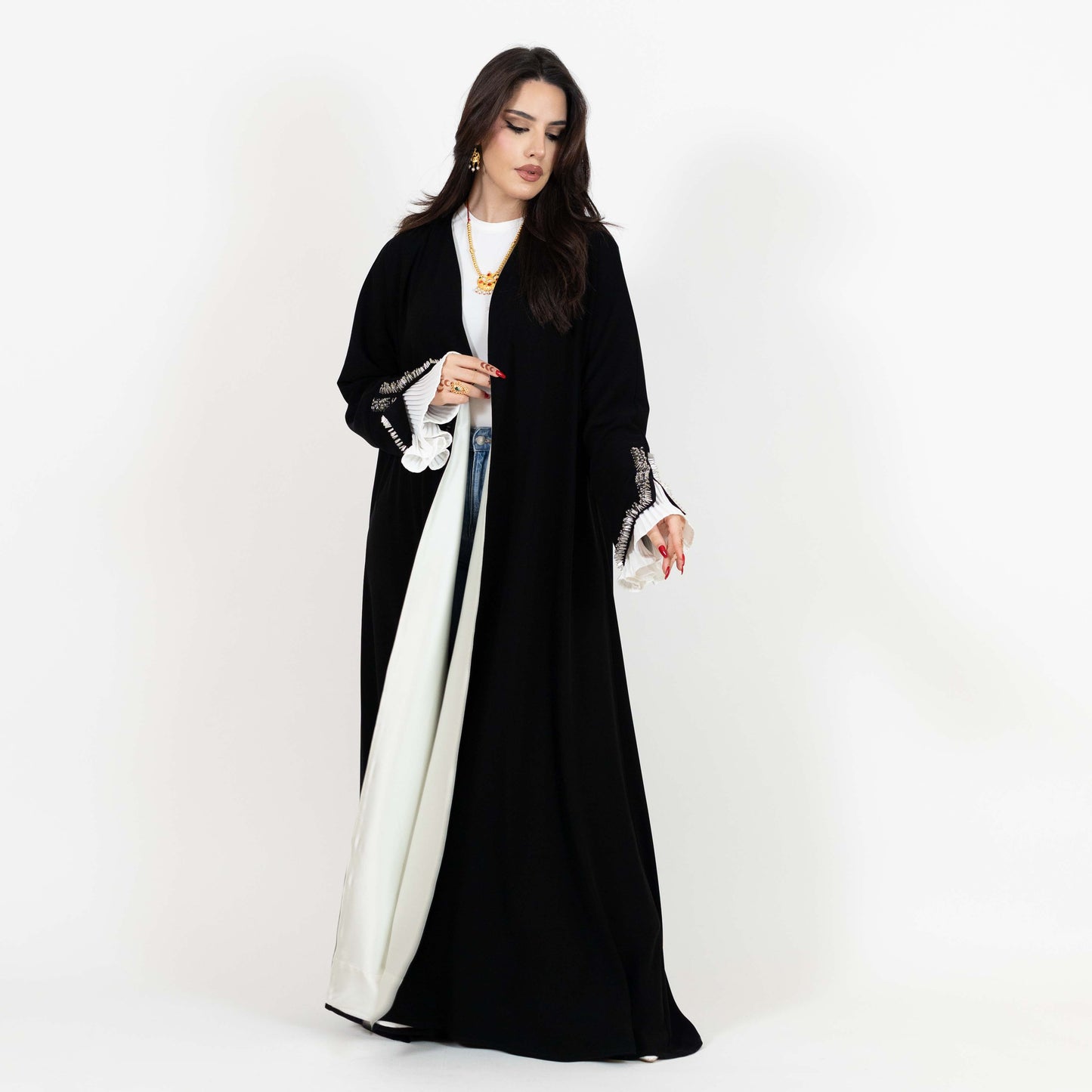 Black Open Abaya With Beaded Cuffs