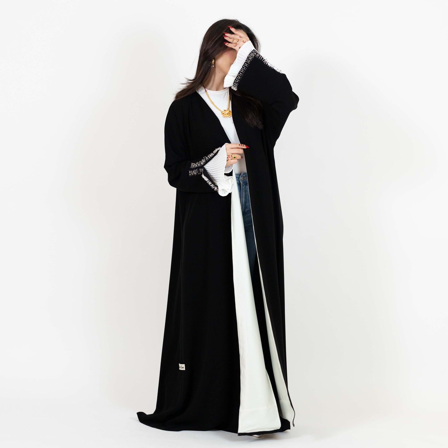 Black Open Abaya With Beaded Cuffs