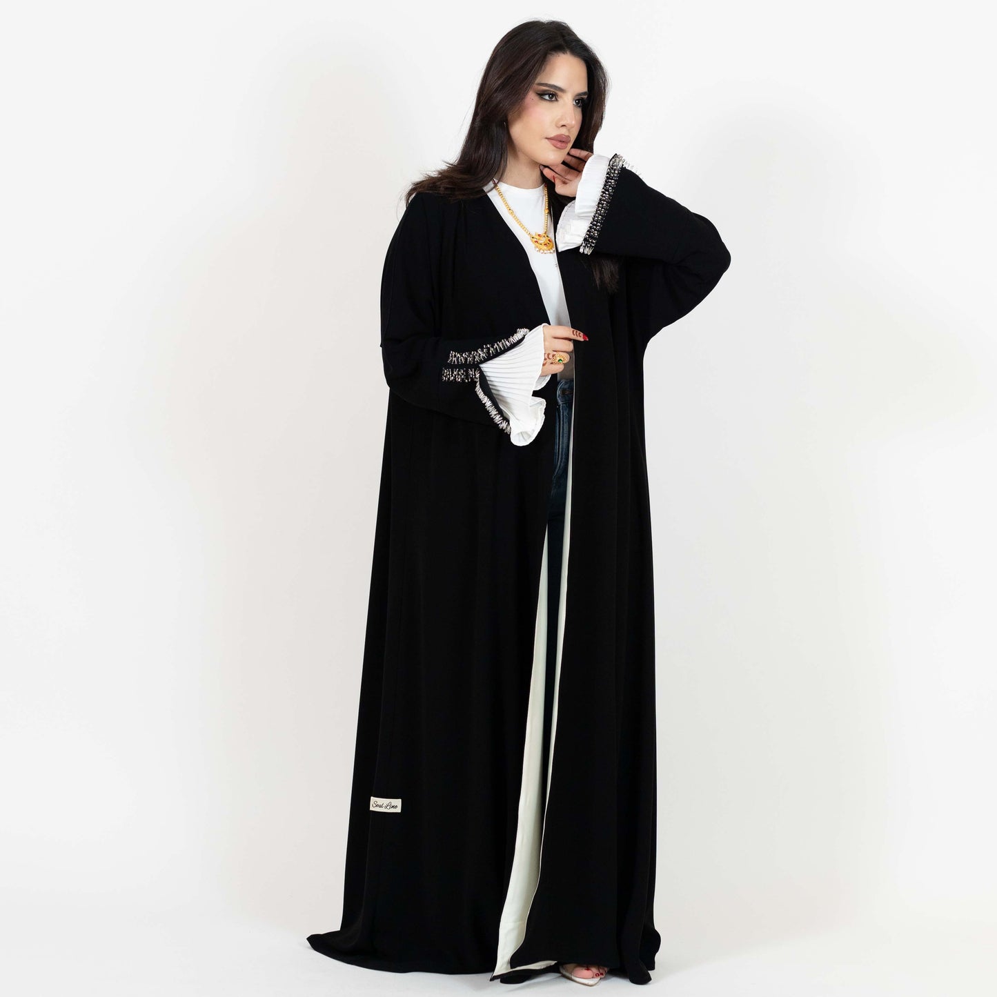 Black Open Abaya With Beaded Cuffs