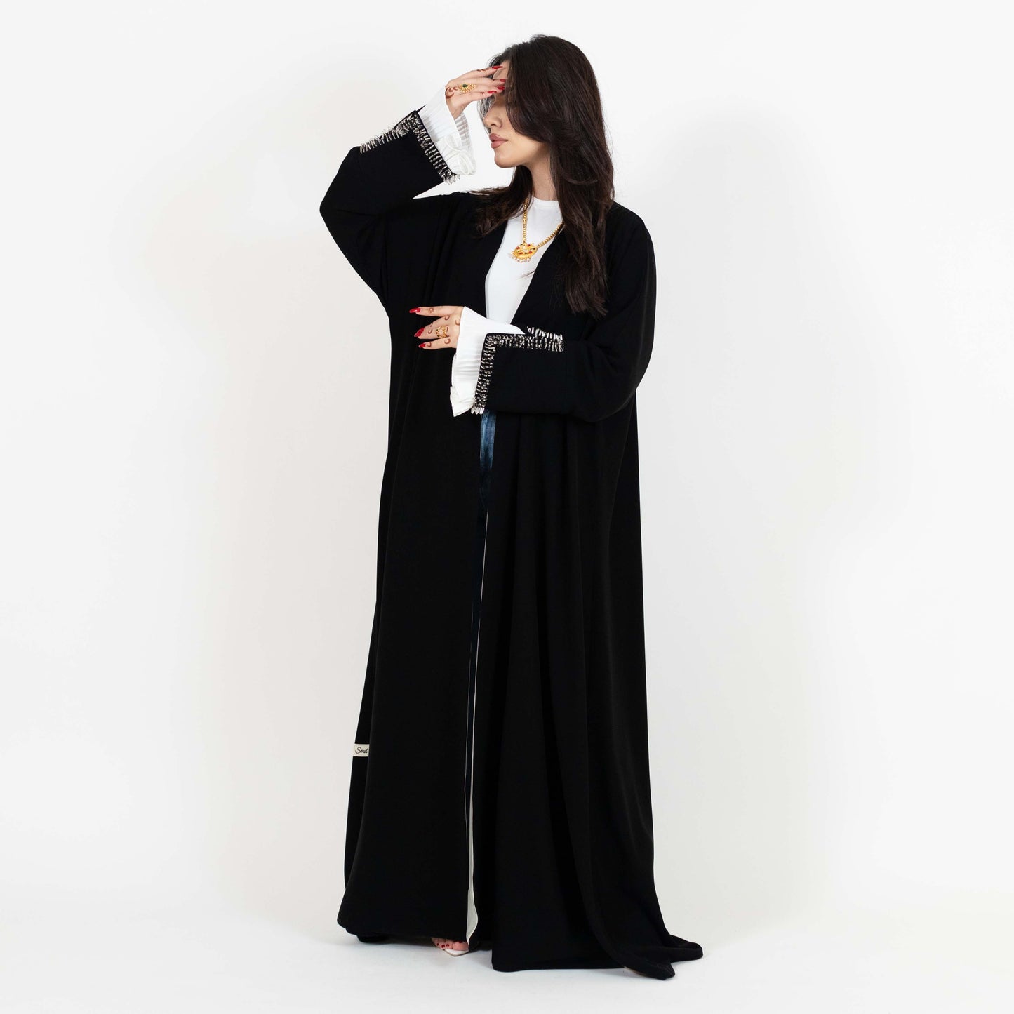 Black Open Abaya With Beaded Cuffs