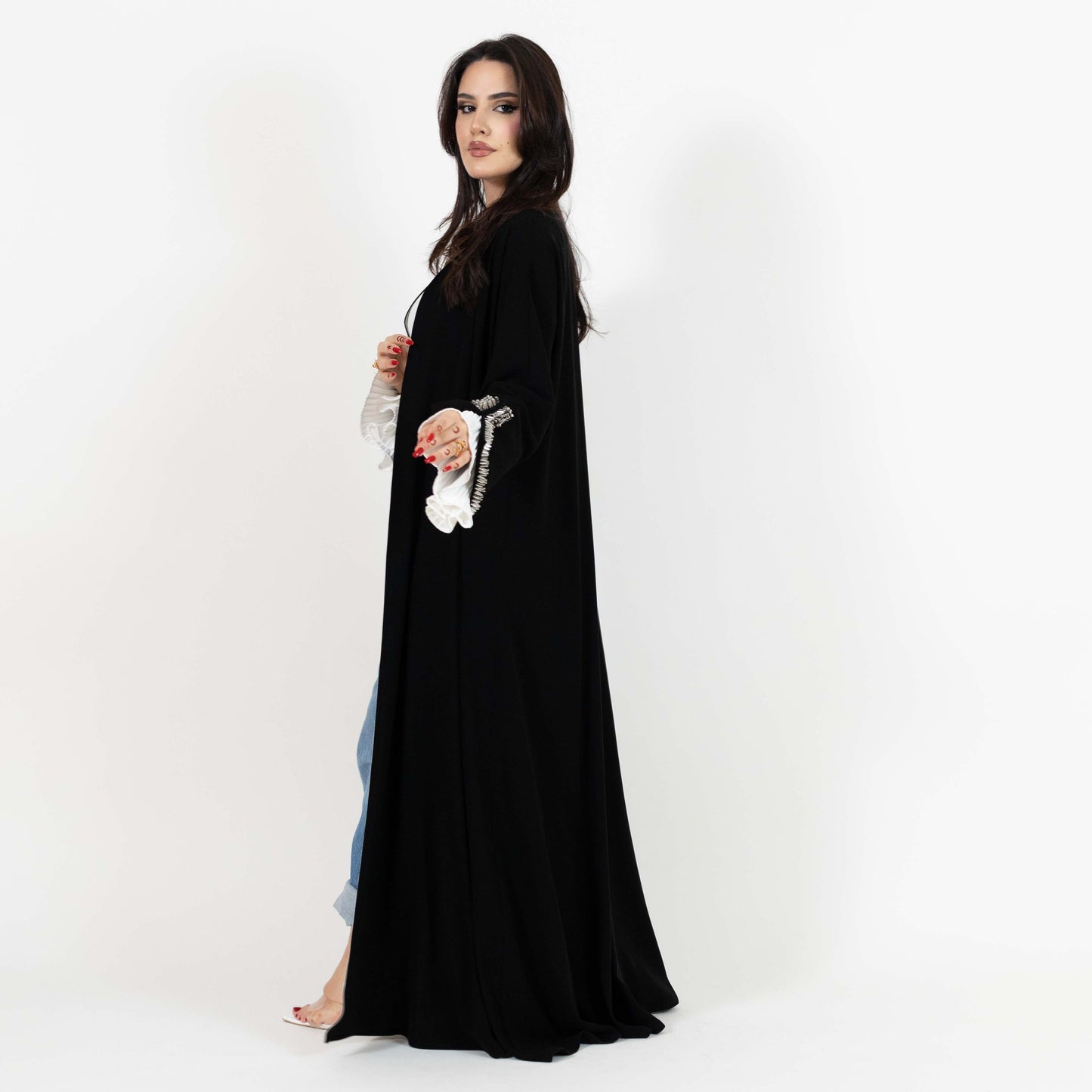 Black Open Abaya With Beaded Cuffs