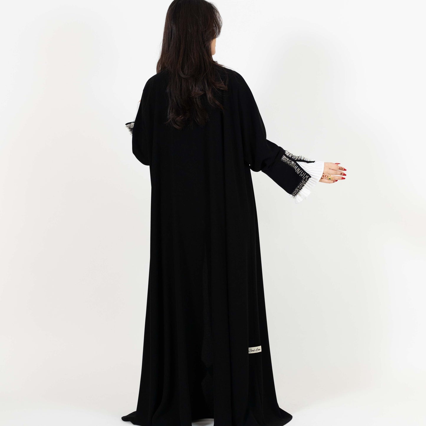 Black Open Abaya With Beaded Cuffs