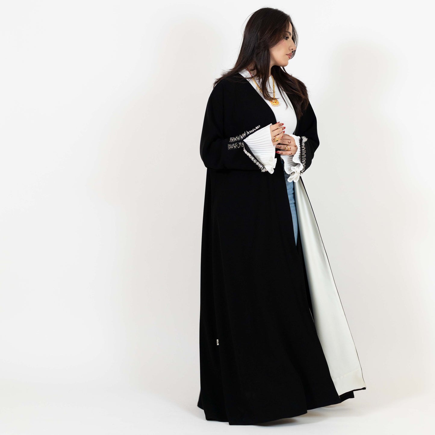 Black Open Abaya With Beaded Cuffs