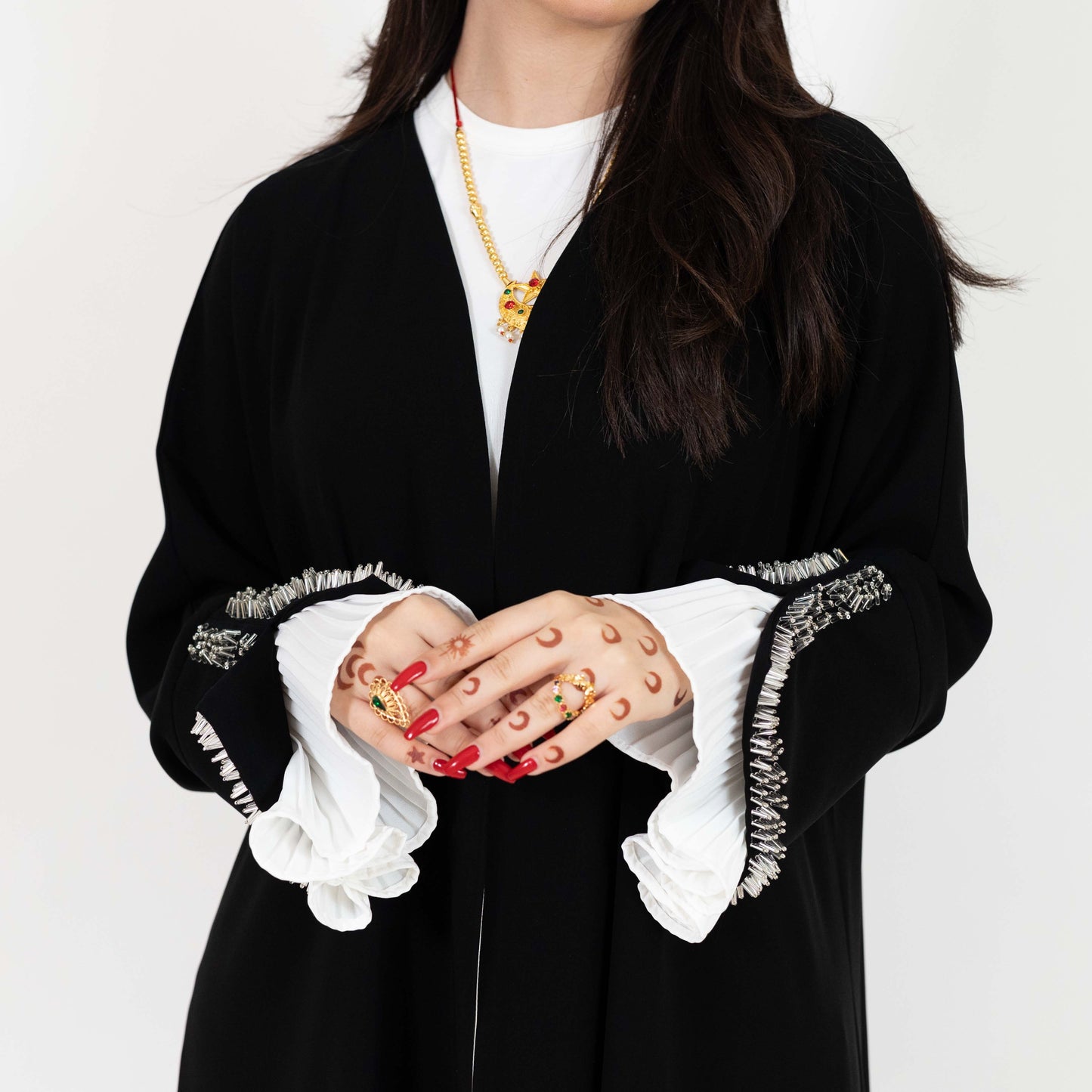 Black Open Abaya With Beaded Cuffs