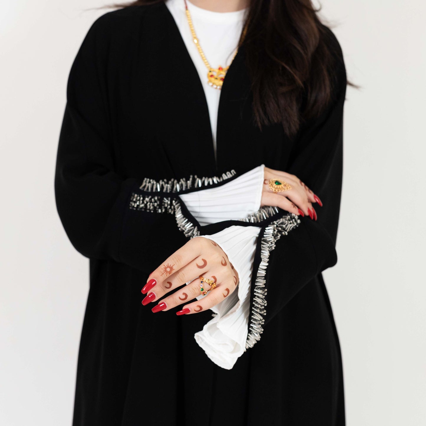 Black Open Abaya With Beaded Cuffs
