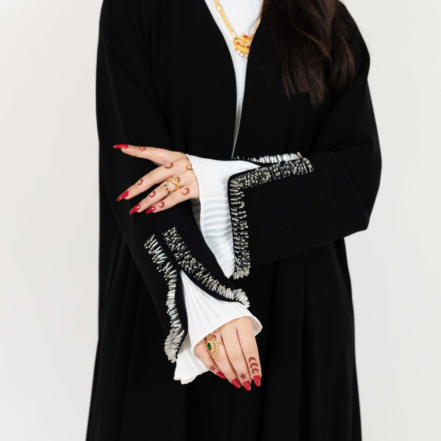 Black Open Abaya With Beaded Cuffs