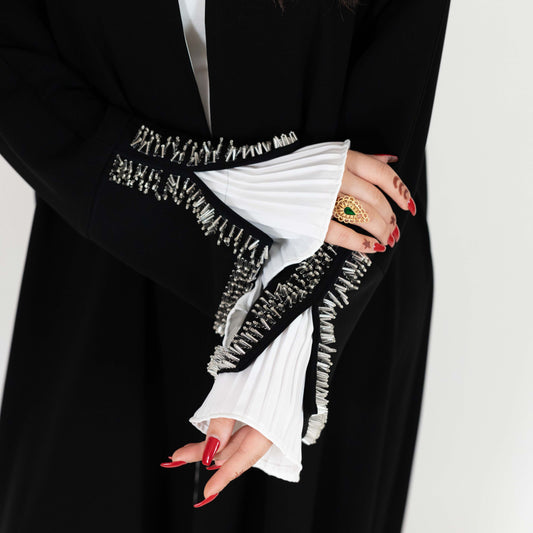 Black Open Abaya With Beaded Cuffs