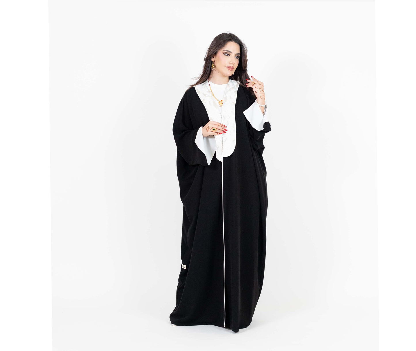 Black Abaya With White Embellishments On Top Front