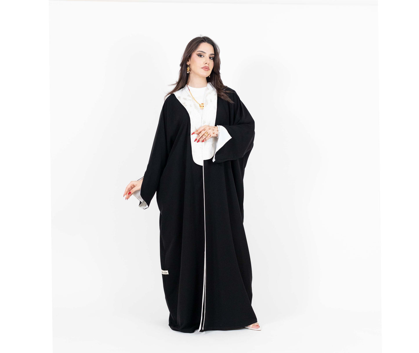 Black Abaya With White Embellishments On Top Front