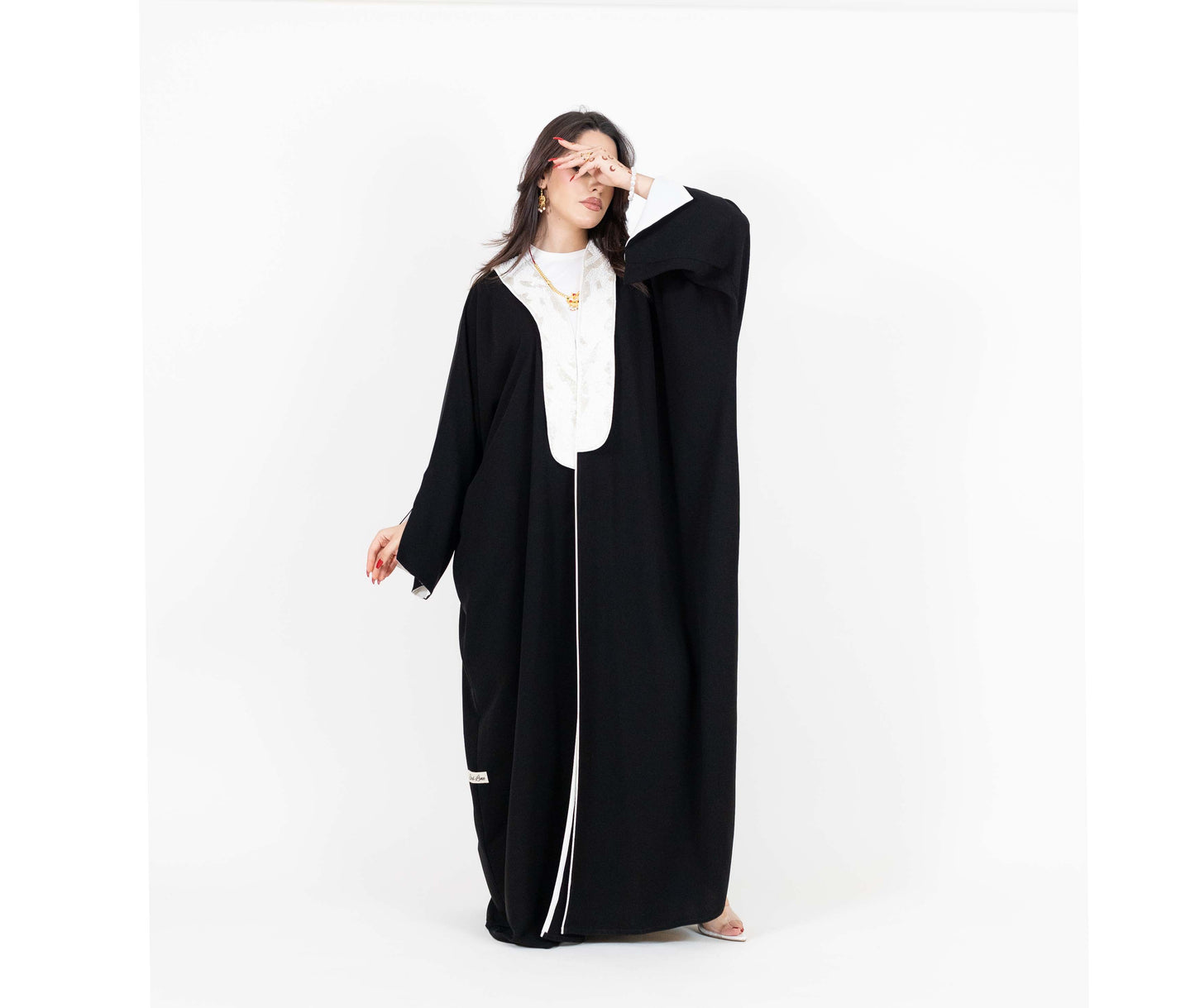 Black Abaya With White Embellishments On Top Front
