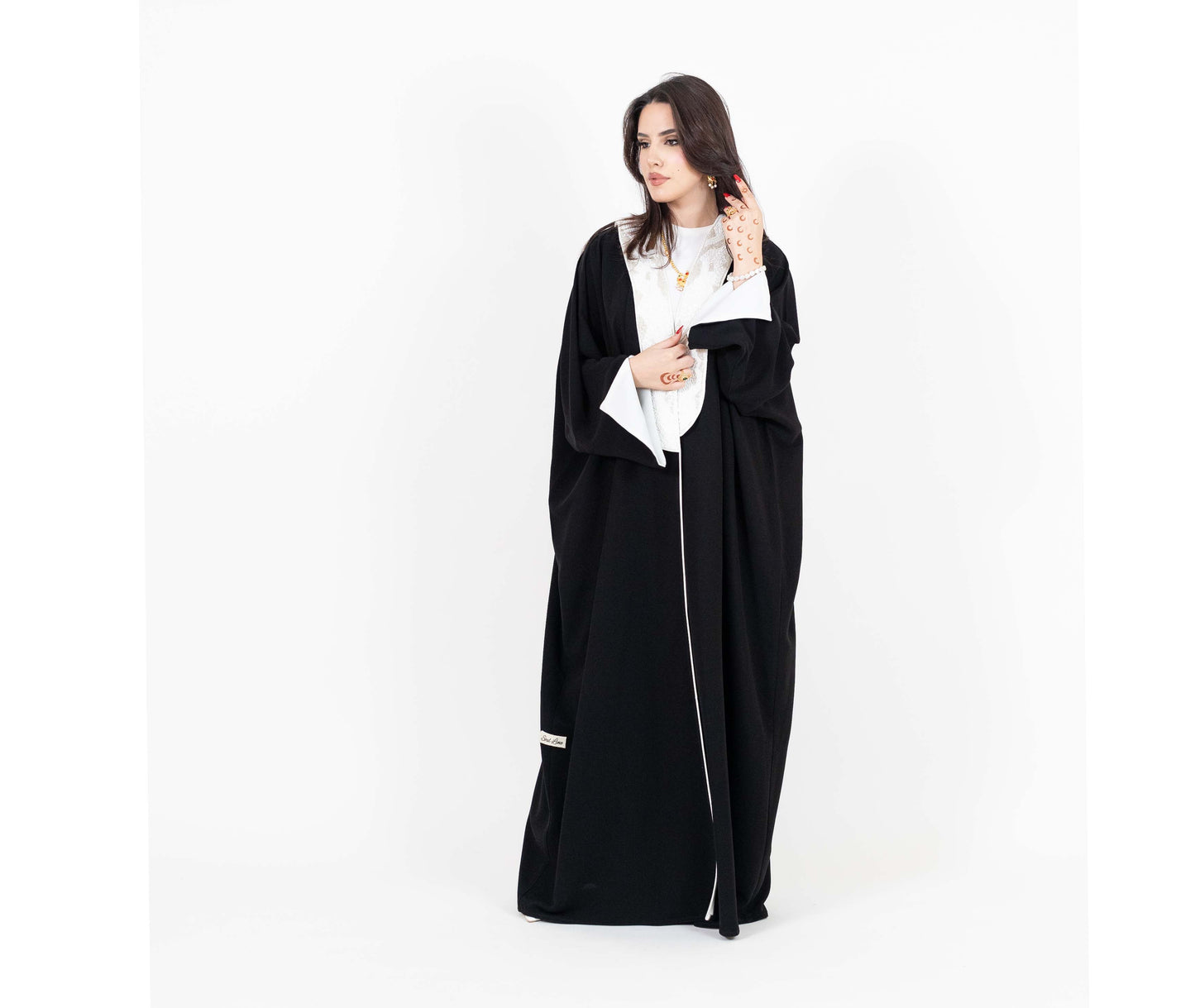 Black Abaya With White Embellishments On Top Front