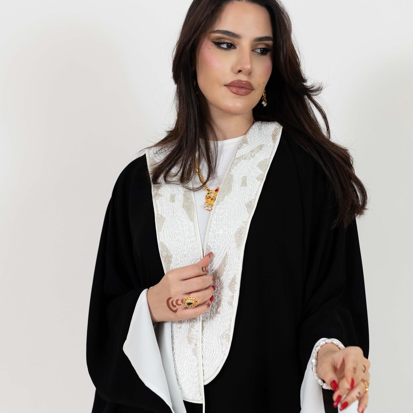 Black Abaya With White Embellishments On Top Front
