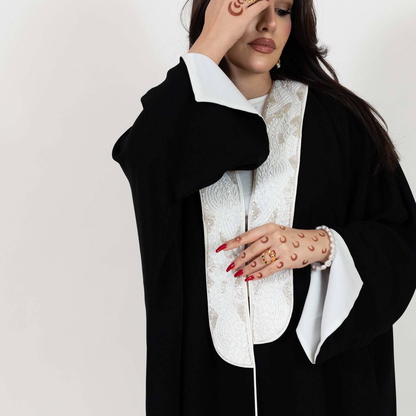 Black Abaya With White Embellishments On Top Front
