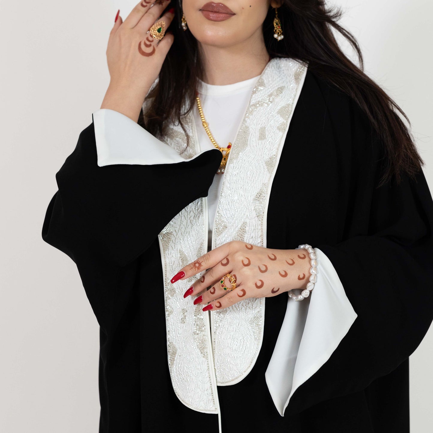 Black Abaya With White Embellishments On Top Front