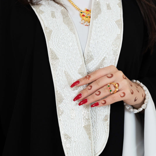 Black Abaya With White Embellishments On Top Front