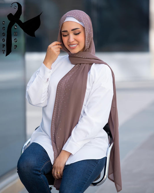 GORGETTE WITH STRASS HIJAB - NUDE BROWN/حجاب جورجيت مع ستراس - نيود بني - 1