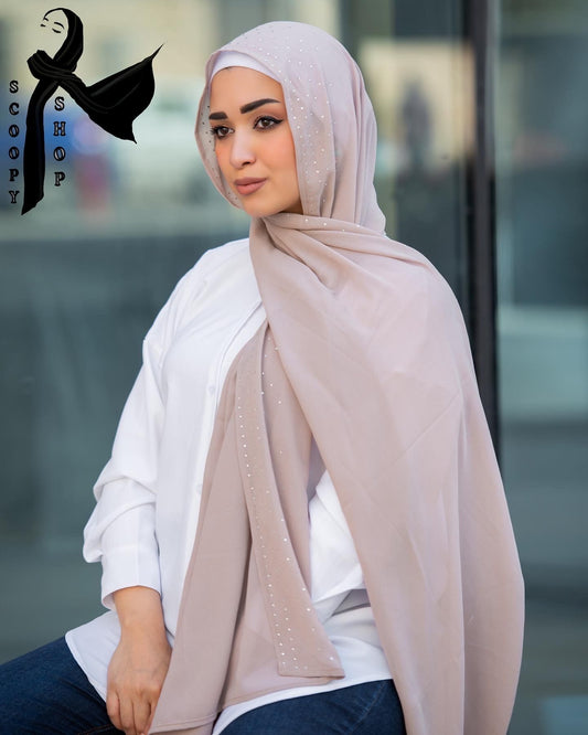 GORGETTE WITH STRASS HIJAB - BEIGE/حجاب جورجيت مع ستراس - بيج - 1