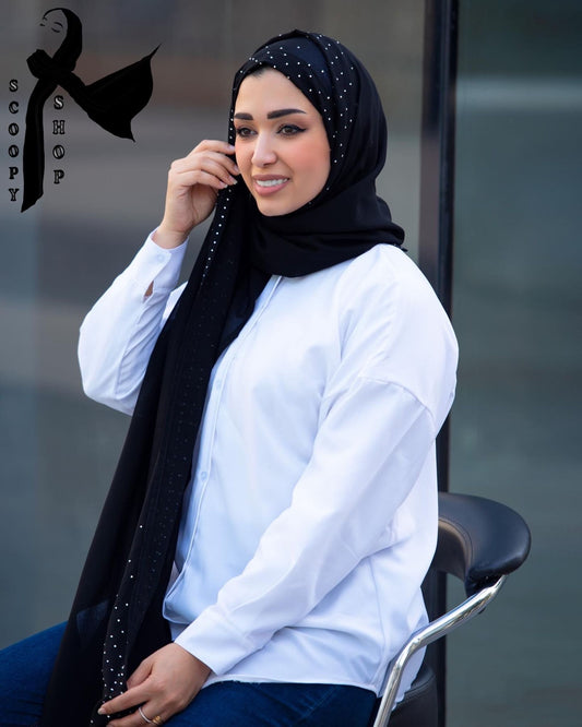 GORGETTE WITH STRASS HIJAB - BLACK/حجاب جورجيت مع ستراس - اسود - 1