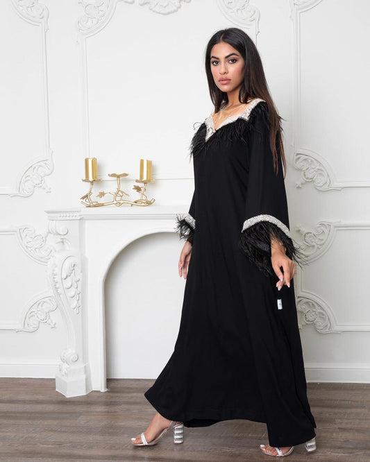 Feather crystals embellished black dress