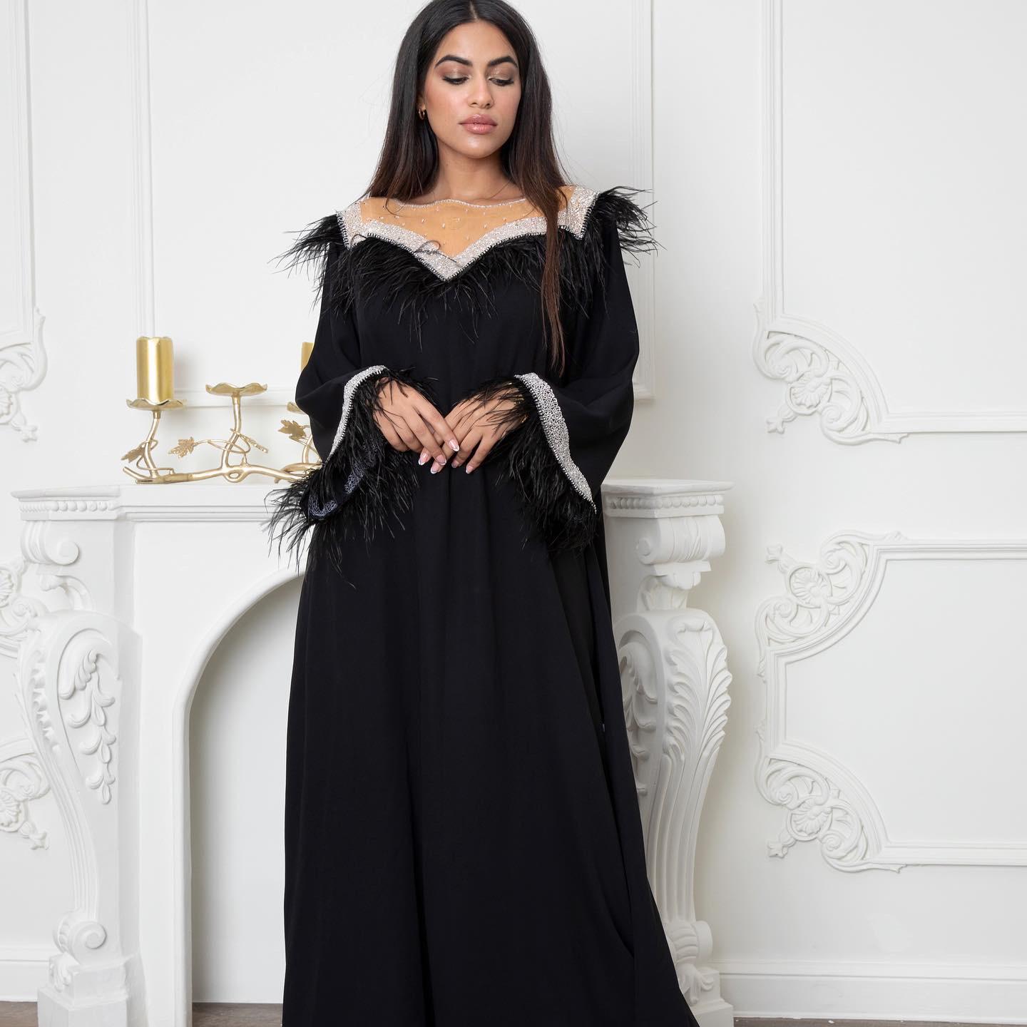 Feather crystals embellished black dress