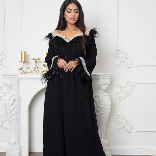 Feather crystals embellished black dress