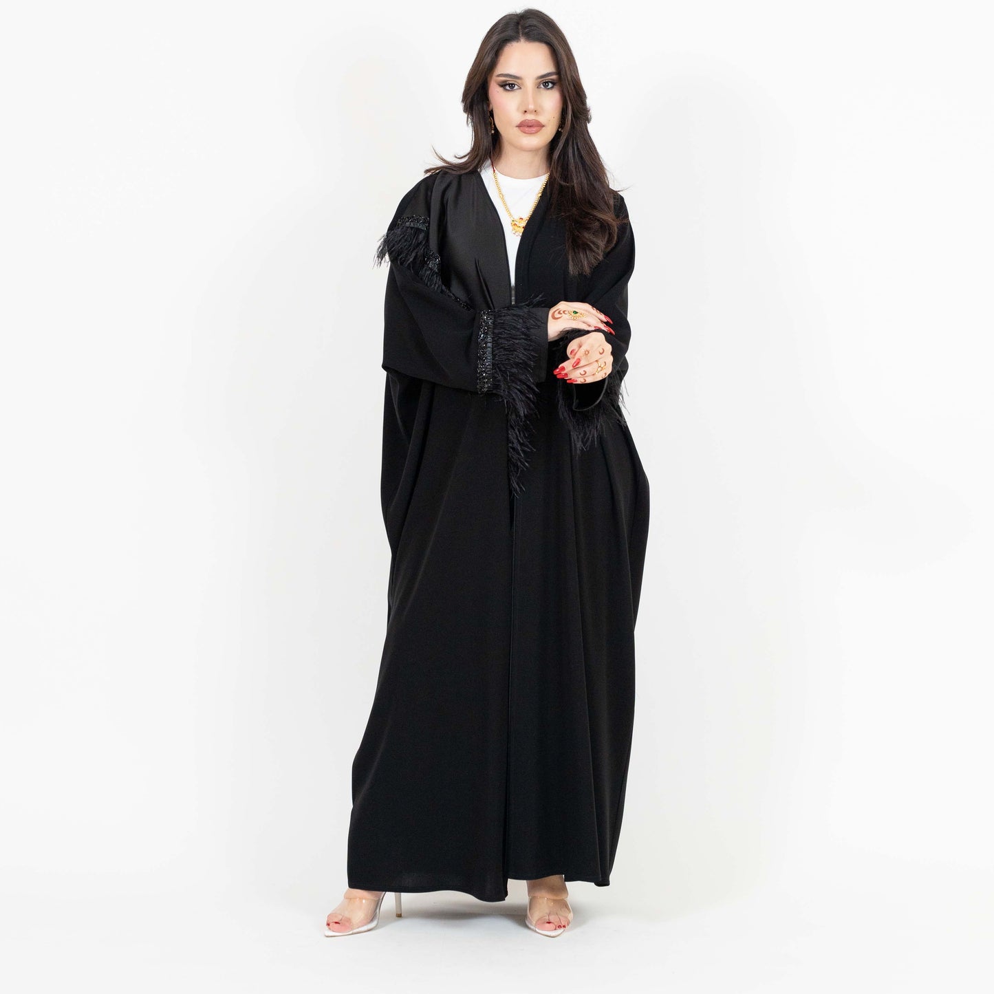 Black Abaya with Bead And Feather Detailing