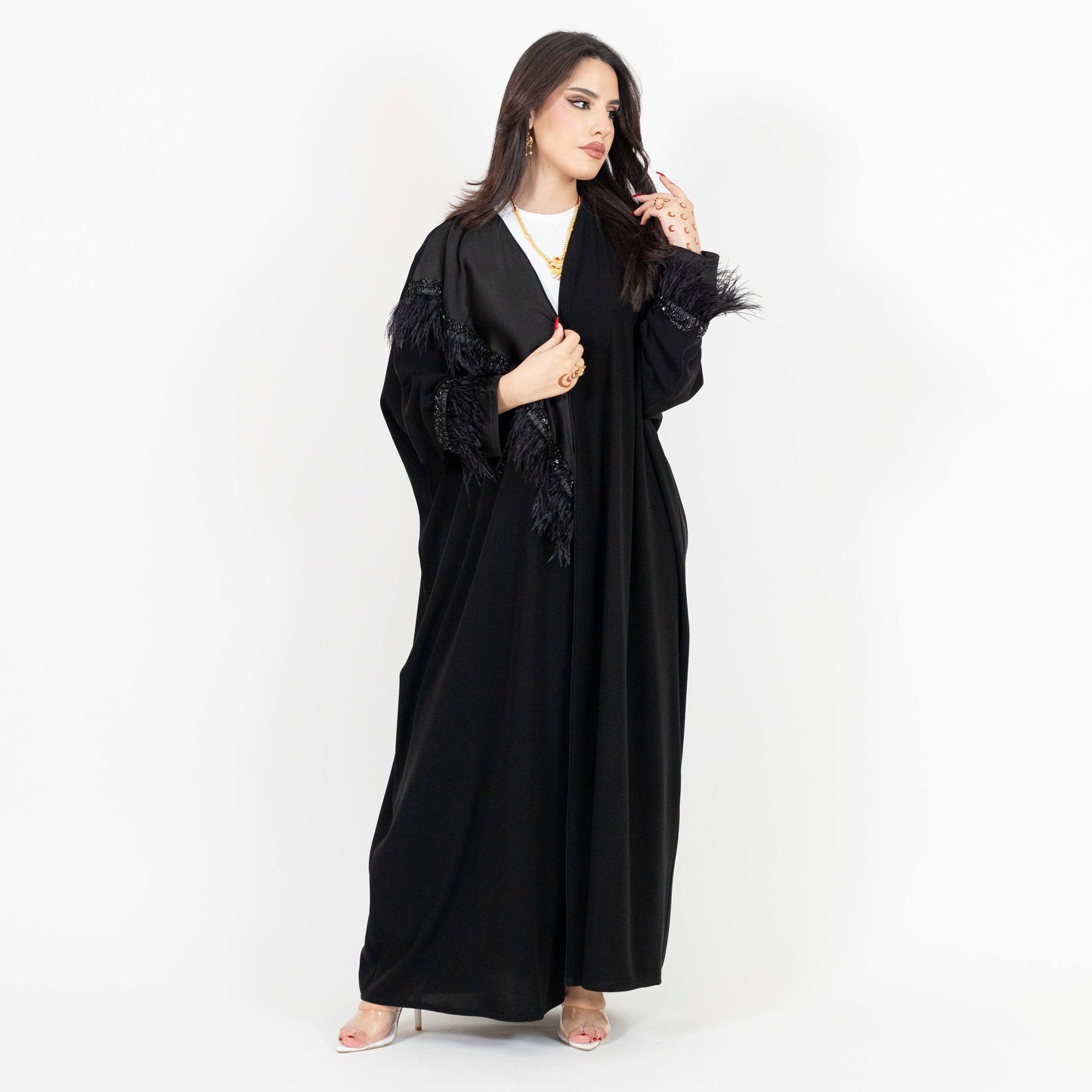 Black Abaya with Bead And Feather Detailing