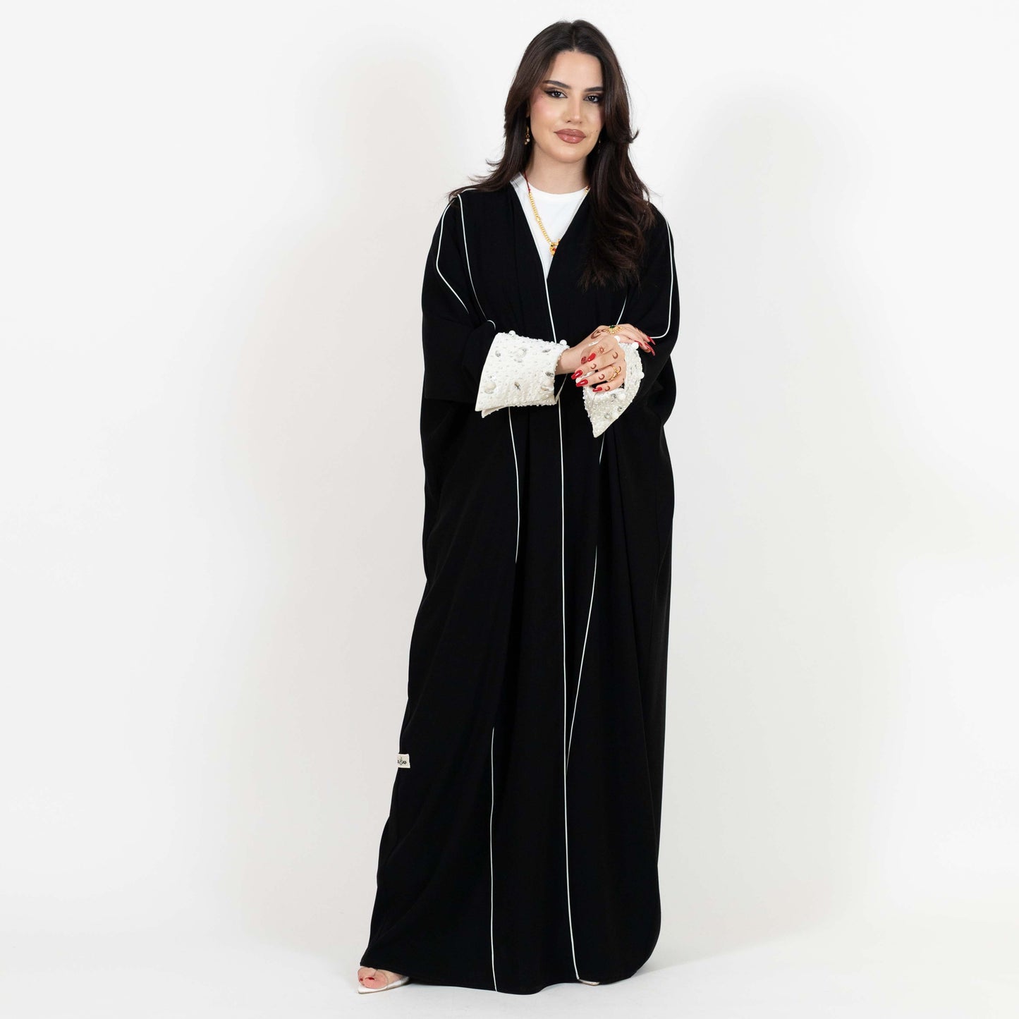 Black Abaya With Beaded White Cuff Design