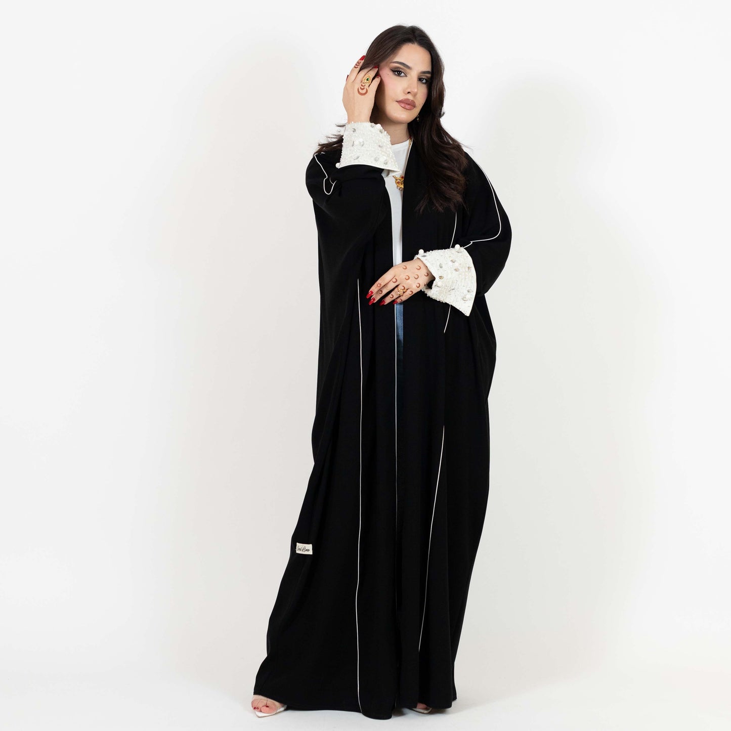 Black Abaya With Beaded White Cuff Design