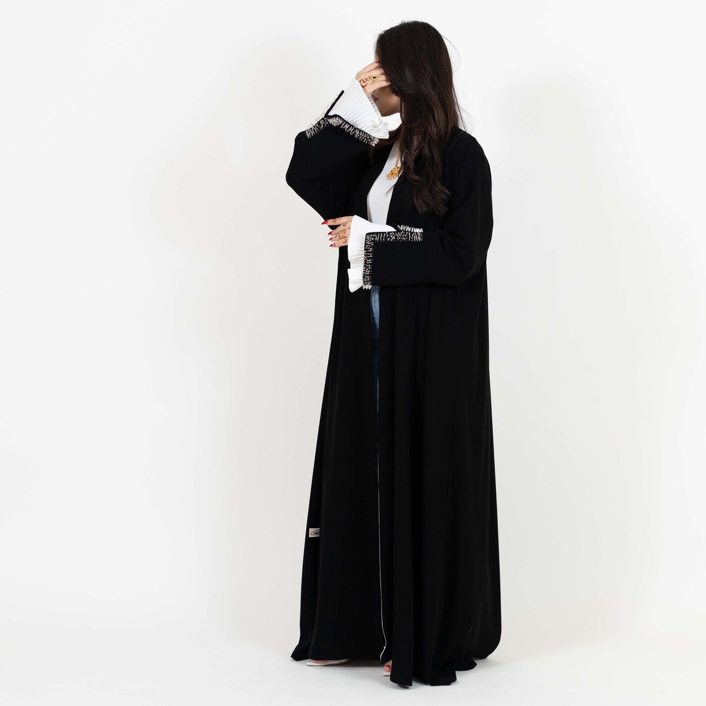 Black Open Abaya With Beaded Cuffs