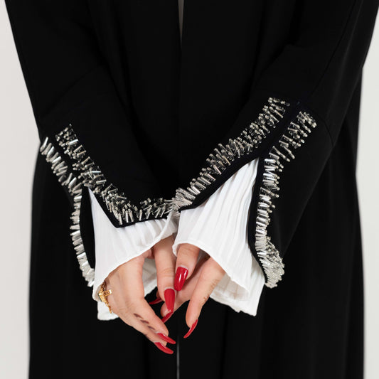 Black Open Abaya With Beaded Cuffs